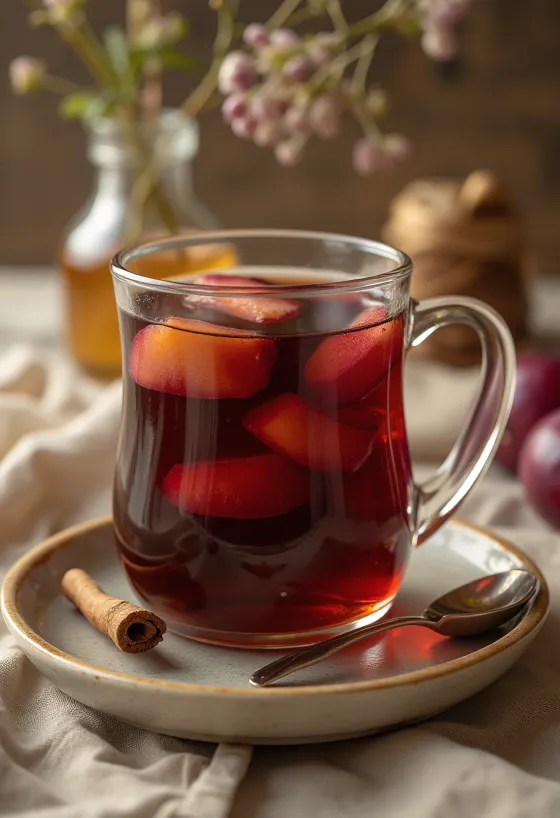 Trà mận nóng được phục vụ trong ly