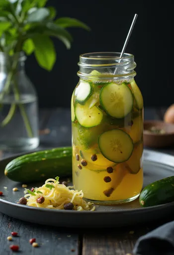 Nước dưa chuột ngâm chua cay bày trong lọ