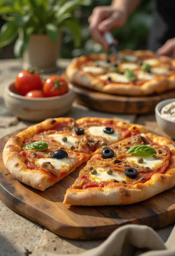 Pizza Puttanesca với cá cơm, nụ bạch hoa và oliu
