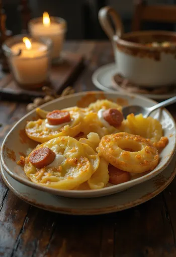 Khoai tây đút lò xếp lớp với xúc xích và trứng, phủ kem chua.