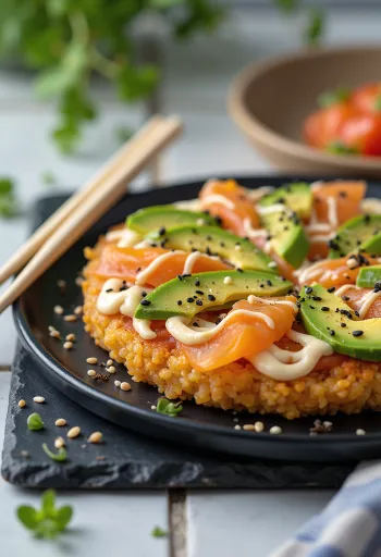 Sushi pizza với đế cơm Nhật, cá hồi và bơ
