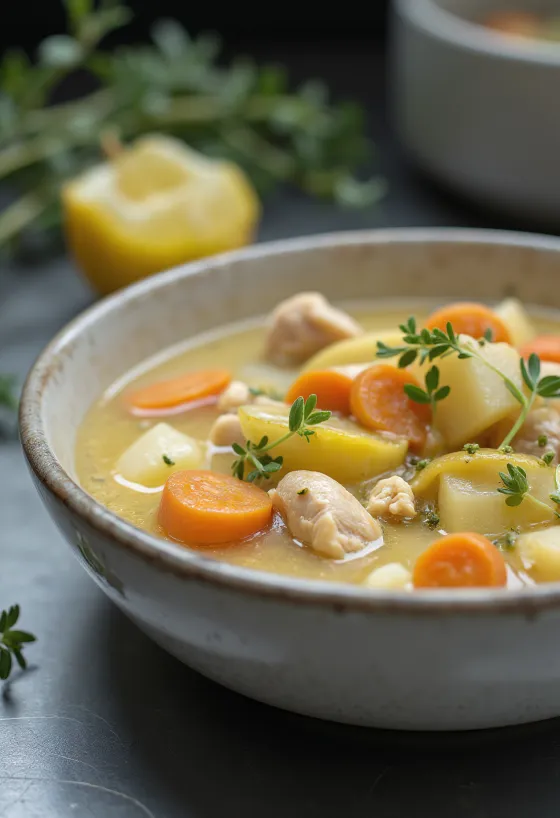 Súp ragout ngải thơm béo ngậy với thịt gà, rau củ và trang trí bằng ngải thơm tươi.