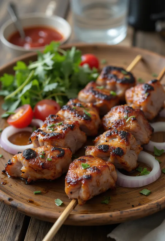 Shashlik xiên thịt nướng kiểu Nga được bày ra đĩa