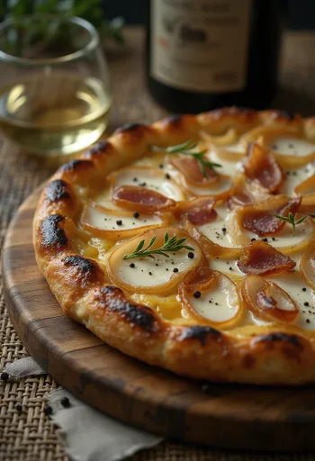 Tarte flambée với kem chua, hành tây và thịt xông khói