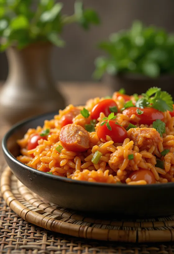 Jambalaya cà chua, gà và xúc xích, món cơm một nồi