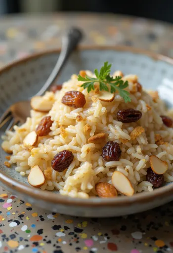 Cơm hạnh nhân nho khô được bày ra đĩa