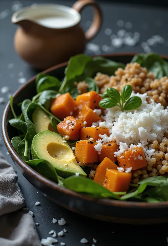 Buddha Bowl khoai lang cốt dừa được bày biện đẹp mắt