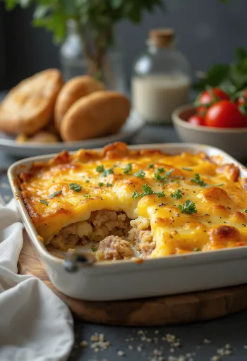 Khoai tây nướng xếp lớp với thịt, kem chua và phô mai