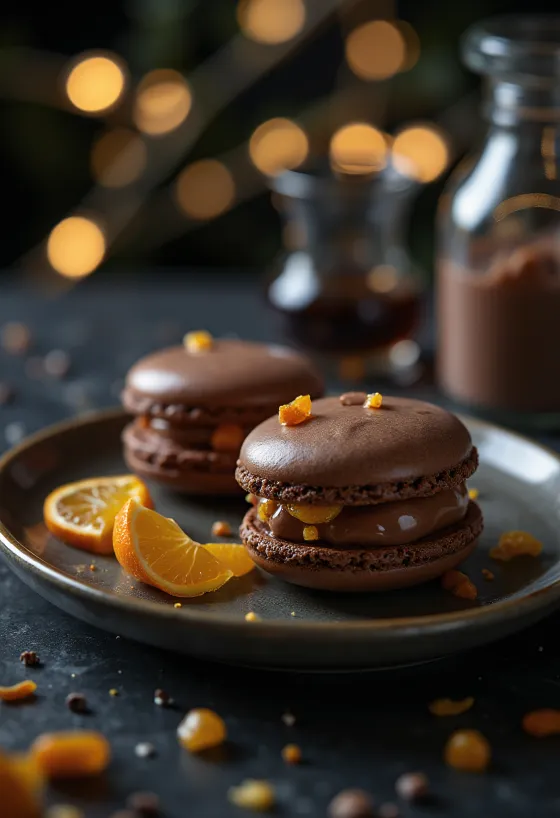 Macaron sô cô la, marzipan và vỏ cam được phục vụ