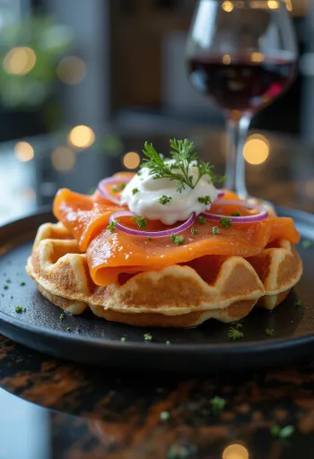 Waffle Gravlax phục vụ với thì là và kem chua