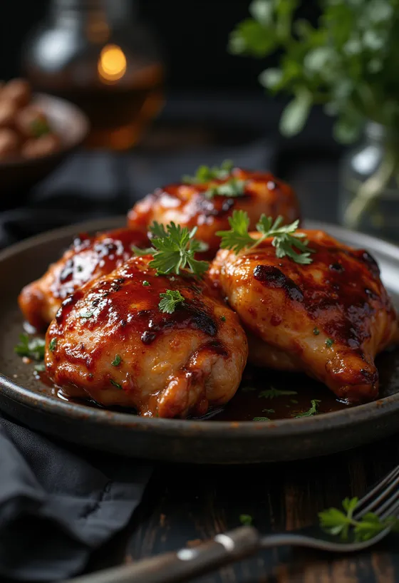 Đùi gà nướng BBQ trong lò, ăn kèm khoai tây nướng