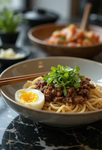 Mazemen ramen khô sốt với thịt xay và trứng luộc