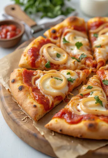 Pizza con Cipolla với hành tây và mozzarella