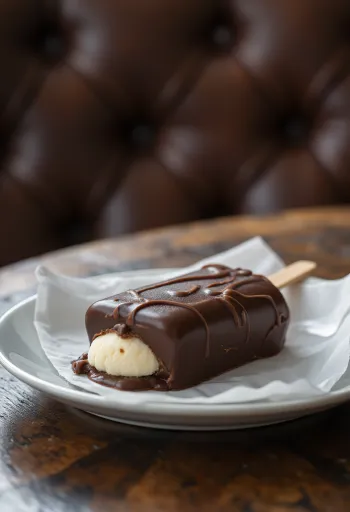 Kem Magnum Classic tự làm, lớp vỏ sô cô la giòn, trình bày trên nền mộc mạc