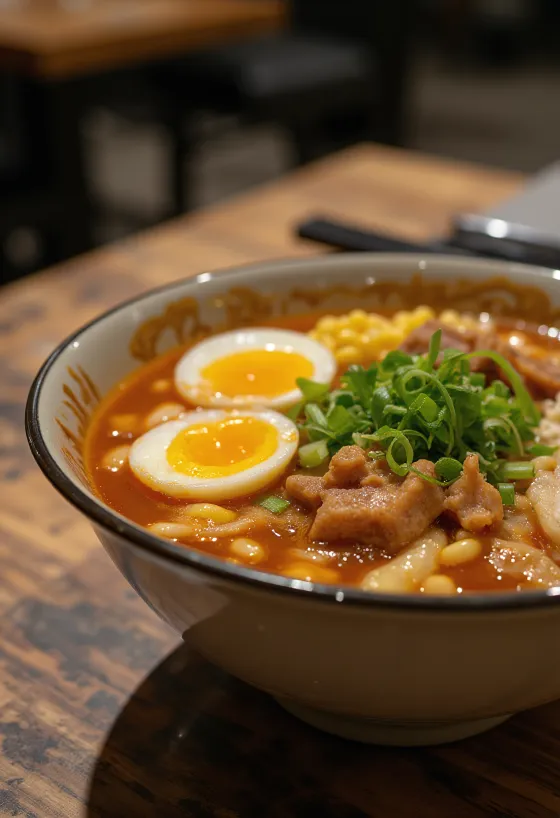 Miso ramen với thịt xay, trứng luộc và rau củ