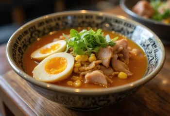 Miso ramen với thịt xay, trứng luộc và rau củ