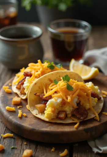 Taco ăn sáng với trứng, thịt xông khói, khoai tây trong bánh tortilla ngô