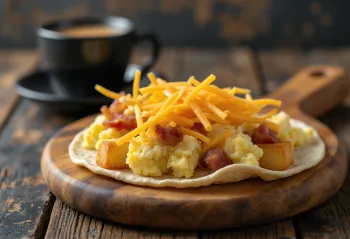 Taco ăn sáng với trứng, thịt xông khói, khoai tây trong bánh tortilla ngô
