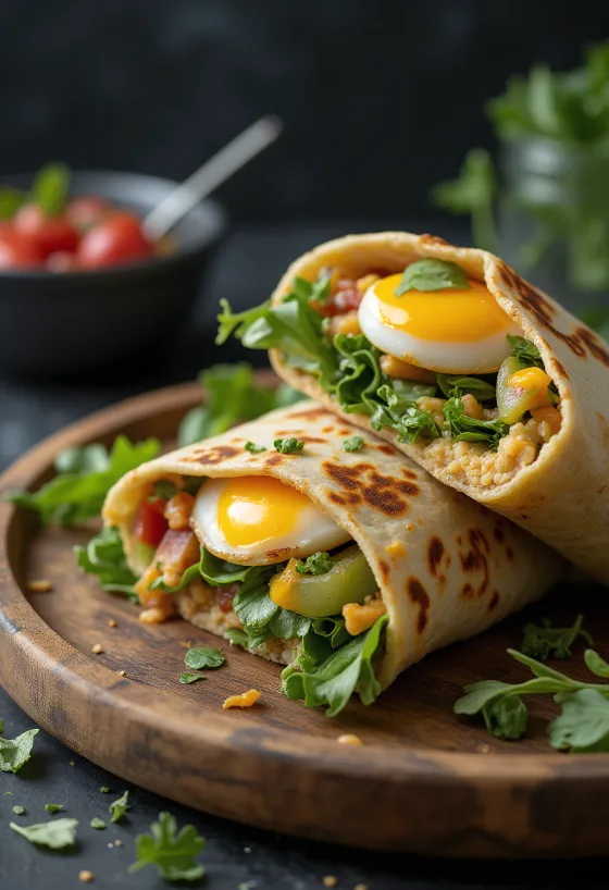 Bánh cuộn cà tím nướng với rau củ tươi và hummus