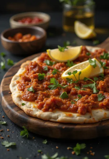 Lahmacun cay, phục vụ với bột tươi và nhân thịt cay nồng