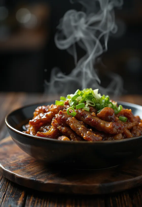 Bò Mông Cổ sốt nước tương, ăn kèm hành lá