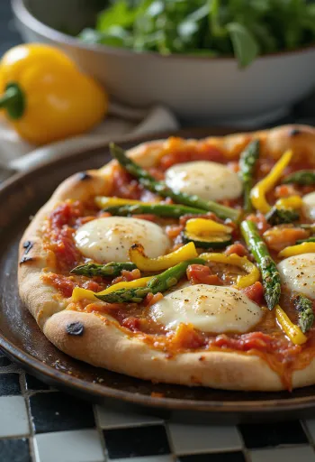 Pizza Primavera với rau củ mùa xuân và húng tây
