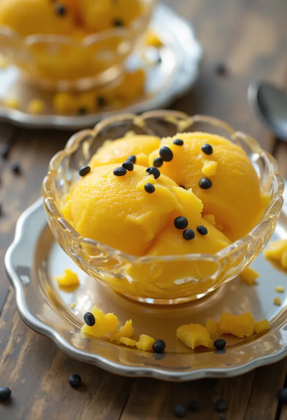 Sorbet chanh dây màu vàng tươi trong ly