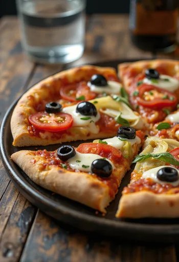 Pizza Mediterranea với ô liu, cà chua và atiso