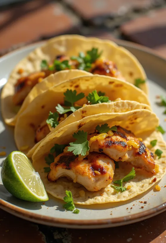 Taco gà nướng (pollo asado) với chanh và rau mùi