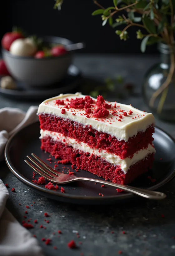 Bánh Red Velvet thuần chay với trái cây tươi