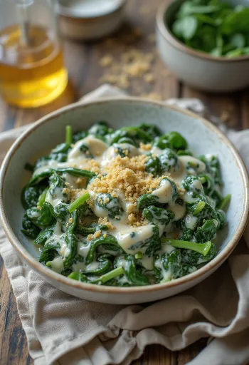 Rau chân vịt sốt kem mịn vừa nấu xong, bày trên đĩa trắng.