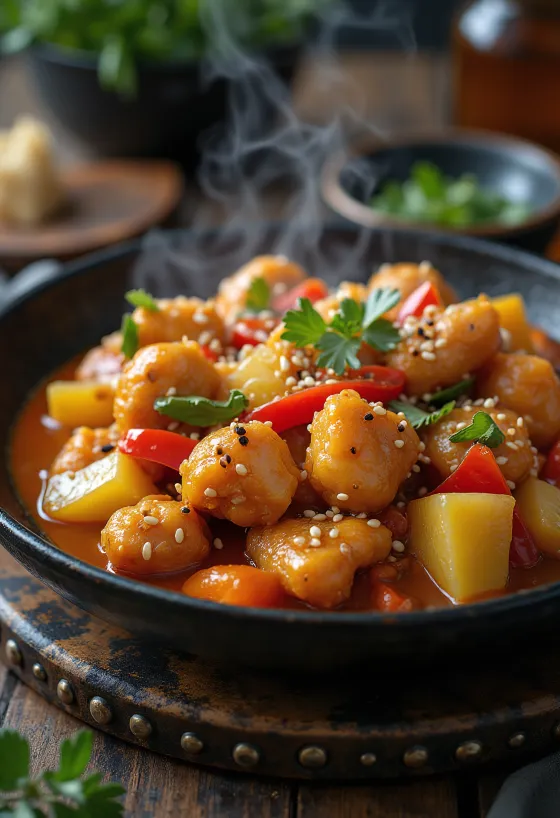 Gà chua ngọt Thái với dứa được bày ra đĩa