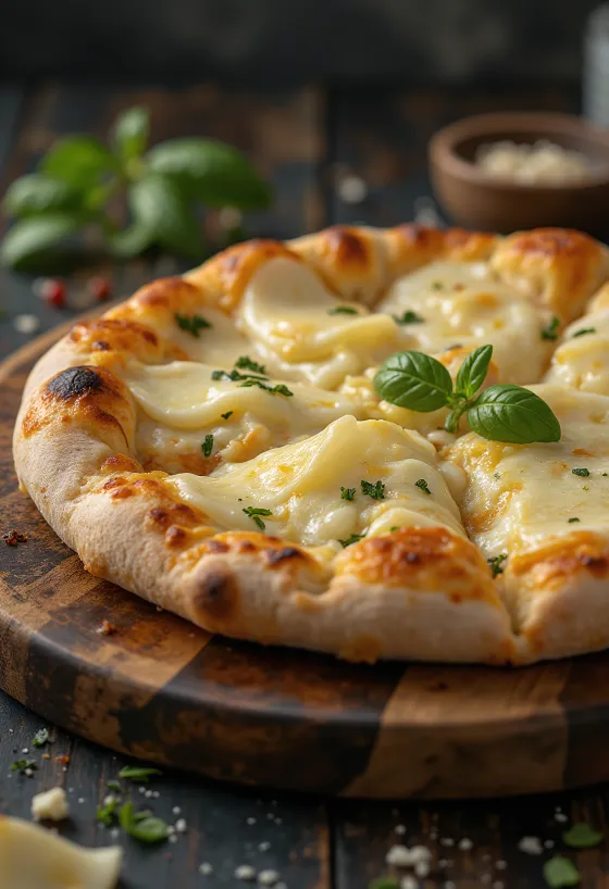 Pizza ai Formaggi được phục vụ với nhiều loại phô mai và húng tây tươi