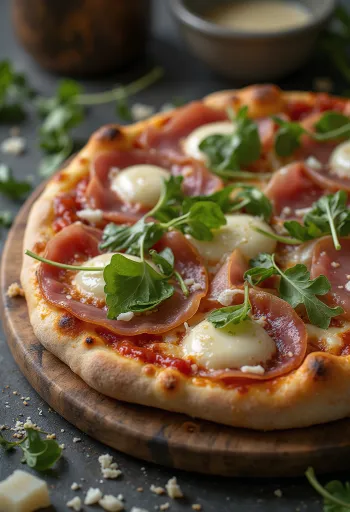 Pizza al Prosciutto Crudo phục vụ với giăm bông Parma và rau rocket