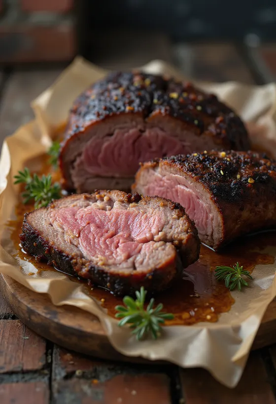 Ức bò xông khói thái lát mỏng ăn kèm sốt barbecue và món phụ