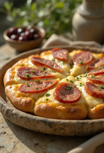 Focaccia xúc xích và phô mai hun khói được phục vụ