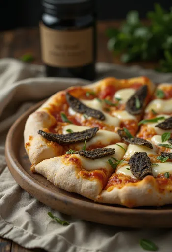 Pizza nấm truffle phục vụ với phô mai mozzarella và parmesan