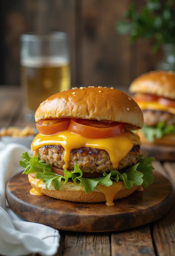 Hamburger gà tây với miếng thịt gà tây nướng và phô mai tan chảy