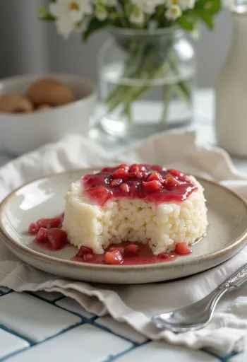 Bánh mousse gạo sữa với trái cây tươi và mứt