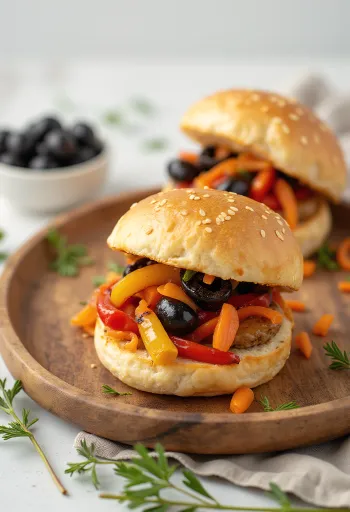 Bánh bao nhân ớt chuông nướng và ô liu được phục vụ