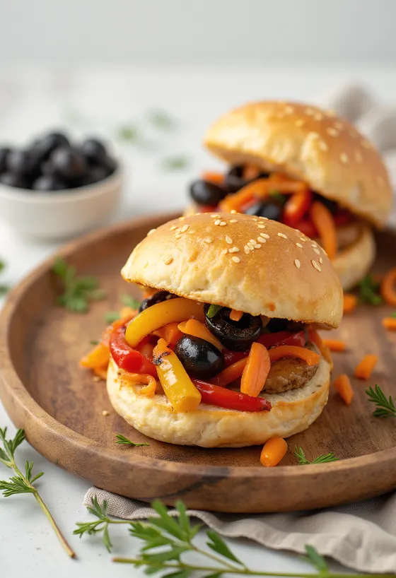 Bánh bao nhân ớt chuông nướng và ô liu được phục vụ