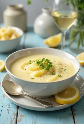 Súp kem khoai tây ngải giấm được múc ra bát