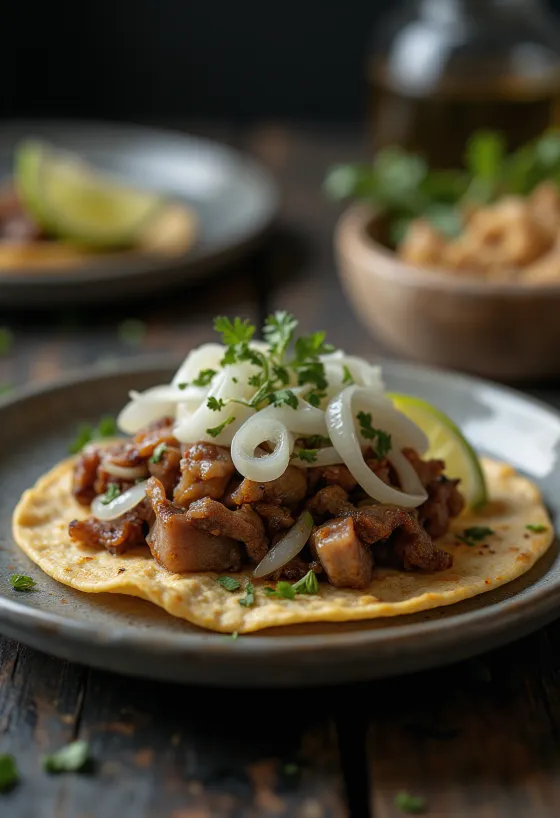 Taco Cabeza với má bò hầm chậm, rau mùi và hành tím