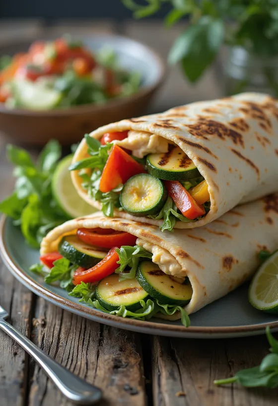 Wrap rau củ nướng với sốt hummus và rau arugula