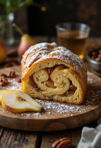 Bánh Stollen lê hạt hồ đào thái lát, rắc đường bột