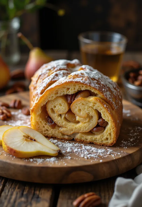Bánh Stollen lê hạt hồ đào thái lát, rắc đường bột
