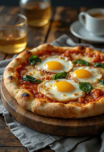 Pizza alla Bismark phục vụ với trứng tươi và rau chân vịt