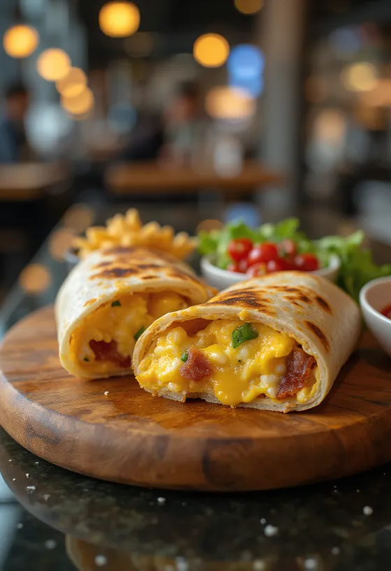 Burrito ăn sáng với trứng, thịt xông khói và phô mai