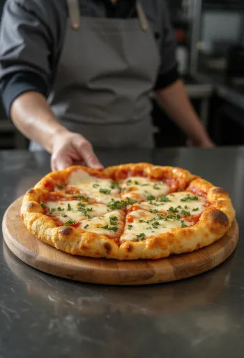 Đế pizza súp lơ với topping chay được bày ra