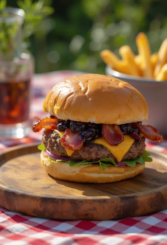 Burger việt quất thịt xông khói hấp dẫn